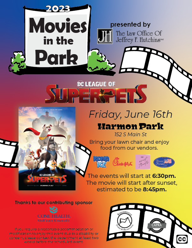 movies in the park. june 16. harmon park.